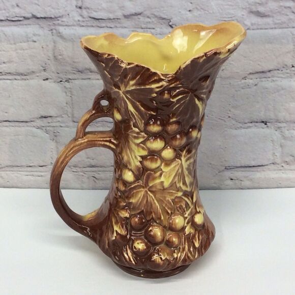 McCoy Pottery Vintage Grapevine Pitcher Vase Yellow Brown 9.5"x6.5" 1950s Decor - Picture 5 of 11
